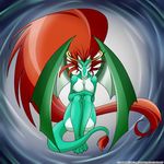  2011 anthro breasts claws digital_media_(artwork) dragon eyebrow eyelashes eyes_closed female green_skin hair lonbluewolf naturally_censored nude red_hair scalie solo wings 