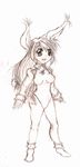  2009 anthro big_eyes breasts clothed clothing coat female footwear fur hair lagomorph linvar long_hair mammal monochrome open_mouth rabbit ribbons shoes simple_background smile solo tigerlilylucky traditional_media_(artwork) white_background 