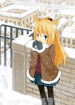  animal_ears blue_eyes boots brick_wall can cityscape coat drinking fence fox_ears fur-trimmed_coat fur-trimmed_sleeves fur_trim hatomaru long_hair mittens original pantyhose ponytail skirt snow snowing soda_can solo sweater very_long_hair winter winter_clothes winter_coat 