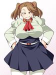  belt belt_buckle breasts brown_eyes brown_hair buckle grin gundam gundam_build_fighters gundam_build_fighters_try hands_on_hips high-waist_skirt huge_breasts open_mouth pantyhose plump sazaki_kaoruko skirt smile solo twintails ushi 