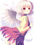  angel_wings bent_over dress feathers hazakura_satsuki highres jacket kishin_sagume long_sleeves open_clothes open_jacket pink_eyes purple_dress short_hair silver_hair single_wing solo thighhighs touhou white_hair white_legwear wings zettai_ryouiki 