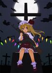  :d ak-47 assault_rifle blonde_hair cloud cross fang flandre_scarlet frilled_skirt frills full_moon grave graveyard gun hat hatomaru mary_janes mob_cap moon night open_mouth red_eyes rifle shirt shoes short_hair side_ponytail sitting skirt smile solo tombstone touhou vest weapon wings 