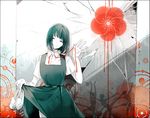  balleriko_(vocaloid) ballerina bangs belt black_border black_hair bob_cut border closed_mouth collared_shirt cowboy_shot crack cracked_wall dancing dress dress_lift dress_shirt dripping flat_chest flower hagi half-closed_eyes head_tilt holding holding_shoes looking_at_viewer neck_ribbon open_hand original pinafore_dress red_flower red_ribbon ribbon shirt shoes shoes_removed short_hair short_sleeves silhouette solo spread_fingers untied uwabaki vocaloid waving white_shirt white_skin 