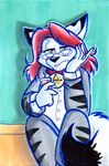  2014 anthro arctic_fox canine cat drink eyewear feline female fox gen_(little_tales) genesisw glasses hair kigurumi looking_at_viewer mammal red_hair traditional_media_(artwork) 