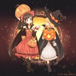  ^_^ alternate_costume basket black_gloves blonde_hair blush boots bow braid brown_eyes brown_hair bubble_skirt cape closed_eyes collaboration dated detached_sleeves dress full_body gloves gradient gradient_background grin hair_bow hair_ornament hair_ribbon hajin hakurei_reimu halloween halloween_costume happy happy_halloween hat hat_ribbon image_sample jack-o'-lantern kirisame_marisa long_hair long_sleeves looking_at_another mary_janes minust multiple_girls ponytail profile ribbon sash shoes side_braid single_braid skirt smile star strapless strapless_dress text_focus touhou twitter_sample wavy_hair witch_hat yin_yang 