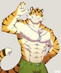  abs biceps big_muscle chest_tuft feline fur male mammal muscular necktie nipples o-ro one_eye_closed pecs smile solo tiger tuft wink 