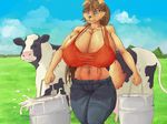  anthro big_breasts black_nose blue_eyes bovine breasts brown_fur brown_hair canine cattle clothed clothing dog farm female feral fur hair huge_breasts long_hair mammal milk navel signirsol solo teats udders 