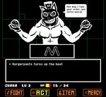  andhalm anthro burger burgerpants cat english_text feline fight food hat male mammal muscular smile solo speech_bubble text undertale 
