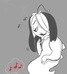  black_and_white_and_red black_sclera female hair hair_over_eye mt musical_note shy shyren singing siren solo speech_bubble undertale 