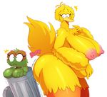  2015 areola avian big_bird big_breasts big_butt bird breasts butt chromatic_aberration chubby crossgender duo feathers female fur green_fur huge_breasts huge_butt hyper hyper_breasts monster nipples oscar_the_grouch overweight sesame_street simple_background sound_effects sssonic2 text white_background wide_eyed yellow_feathers 