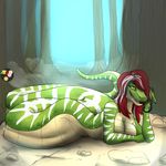  2015 anthro bloodwolfe89 boa_constrictor breasts cleavage clothed clothing color_swatch esmera female forest forked_tongue green_skin hair hair_over_eye long_tongue lying nude on_front open_mouth outside red_hair reptile scalie slit_pupils snake solo stripes tongue tree white_hair 