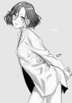  1girl amg_(nwmnmllf) artist_name breast_pocket character_name collared_shirt grey_background greyscale leaning_forward long_sleeves mila_babicheva monochrome naked_shirt parted_lips pocket shirt short_hair signature simple_background solo yuri!!!_on_ice 