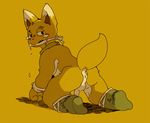  2013 all_fours anthro anus backsack balls blush bound butt canine clothing collar crying fox fur gag gagged half-closed_eyes hands_tied iqiq_(pixiv) legwear looking_at_viewer looking_back male mammal orange_background orange_fur penis raised_tail rear_view simple_background socks solo tears white_fur 