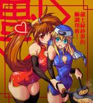  1boy 1girl blue_eyes breasts bridget_(guilty_gear) bulge china_dress chinese_clothes cooking crossdressing detached_sleeves dress frying_pan guilty_gear hair_ornament heart hug hug_from_behind kuradoberi_jam nun_habit red_eyes thighhighs trap yoshitsuki 