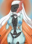  areola blue_eyes breasts chest_tuft fur hair half-closed_eyes nintendo nipples nude open_mouth pok&eacute;mon rd406 red_background simple_background thick_thighs tongue tuft video_games volcarona white_hair 