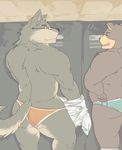  bear butt canine clothing colored eyewear glasses locker_room male mammal mucles solo underwear undressing unknown_artist wolf 