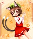  :d animal_ears aps_(alice-momizi) brown_hair cat_ears cat_tail chen hands_together hat highres jewelry multiple_tails nekomata open_mouth red_eyes shirt short_hair single_earring skirt smile solo tail touhou two_tails vest 