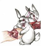  2008 ambiguous_gender anthro blood bone buckteeth claws eating feral flesh fur gore group human lagomorph mammal nightmare_fuel rabbit red_eyes red_nose sharp_teeth simple_background teeth tigerlilylucky toe_claws traditional_media_(artwork) white_background white_fur wounded 