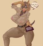 2015 big_breasts breasts brown_eyes canine clothed clothing dialogue doberman dog english_text erect_nipples fangs female fur lips lipstick mail mammal nipples open_mouth shiny signirsol solo speech_bubble teeth text 