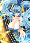  areola_slip areolae artist_name bare_shoulders blue_dress blue_eyes blue_hair breasts bursting_breasts cleavage dress etwahl hair_ornament huge_breasts instrument janong large_breasts league_of_legends long_hair looking_to_the_side low_neckline music parted_lips playing_instrument sona_buvelle string twintails very_long_hair 
