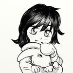  affection black_and_white black_hair clothing cute duo female feral gloves hair happy holding hug human lagomorph looking_at_viewer mammal monochrome pet petting rabbit unknown_artist 