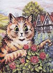  :&lt; ambiguous_gender black_nose brown_fur cat detailed_background ears_up feline flower fluffy fur house inner_ear_fluff license_info louis_wain mammal nude outside painting_(artwork) plant public_domain rose semi-anthro sky solo traditional_media_(artwork) tree whiskers yellow_eyes 