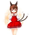  :d absurdres animal_ears aps_(alice-momizi) brown_hair cat_ears cat_tail chen dress frilled_dress frills highres jewelry multiple_tails nekomata no_hat no_headwear open_mouth paw_pose red_eyes shirt single_earring smile solo tail touhou two_tails 