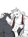  6graycloudp abs biceps blush canine clothed clothing duo half-dressed male mammal muscular nipples pecs piercing topless undressing wolf 