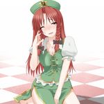  ;d barefoot blush braid breasts brown_eyes chinese_clothes commentary dress_shirt hong_meiling large_breasts long_hair one_eye_closed open_mouth red_hair shirt sitting smile solo touhou twin_braids wariza yuzuki_karin 