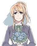  ayase_eli blazer blonde_hair blue_eyes bouquet bow bowtie clipe flower green_bow green_neckwear holding holding_bouquet jacket long_sleeves looking_at_viewer love_live! love_live!_school_idol_project ponytail scrunchie smile solo striped striped_bow striped_neckwear upper_body 