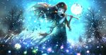  1girl bird closed_eyes dark dress elf fantasy field flute full_moon goose highres instrument jpeg_artifacts light_particles long_hair moon music night original playing_instrument pointy_ears scenery sky solo tree wind 