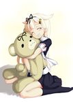  black_serafuku blonde_hair closed_eyes commentary gradient_hair grin hair_flaps hair_ornament hair_ribbon hairclip hug kantai_collection long_hair multicolored_hair remodel_(kantai_collection) ribbon scarf school_uniform serafuku shiruppo sitting smile solo straight_hair stuffed_animal stuffed_toy teddy_bear wariza yuudachi_(kantai_collection) 