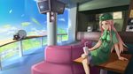  anemone_(eureka_seven) bendy_straw drinking_straw eureka_seven eureka_seven_(series) gulliver highres long_hair menu military military_uniform pink_hair railing restaurant shinbee sitting sitting_on_table solo text_focus uniform window 