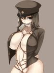  akitsu_maru_(kantai_collection) arms_behind_back asanuma ball_gag bdsm black_eyes black_hair bondage bound breasts gag gagged hat highres huge_breasts kantai_collection long_hair looking_at_viewer navel open_clothes open_shirt peaked_cap remodel_(kantai_collection) rope shibari shirt solo 