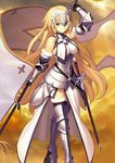  armor armored_boots banner blonde_hair blue_eyes boots crown fate/apocrypha fate/grand_order fate_(series) gauntlets jeanne_d'arc_(fate) jeanne_d'arc_(fate)_(all) long_hair official_art resized smile solo sword takeuchi_takashi upscaled very_long_hair waifu2x weapon 