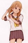  1girl adjusting_hair artist_request bangs blonde_hair brown_eyes child collarbone female happy looking_to_the_side ryonma school_uniform serafuku simple_background smile solo white_background 