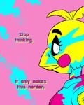  avian badboygoodman bird blue_eyes blush chicken clothing crossover english_text female five_nights_at_freddy&#039;s five_nights_at_freddy&#039;s_2 hotline_miami jacket looking_at_viewer mask pink_background psychedelic simple_background solo text toy_chica_(fnaf) video_games 