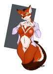  &lt;3 anthro areola bottomless breasts brown_fur canine clothed clothing female fox fur half-closed_eyes half-dressed inner_ear_fluff invalid_tag looking_at_viewer mammal navel nipples open_shirt pussy rd406 shirt simple_background smile solo white_background 