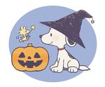  ayu_(mog) bad_id bad_pixiv_id bird black_eyes blue_background commentary dog halloween hat jack-o'-lantern lowres no_humans official_style oldschool peanuts pumpkin simple_background smile snoopy white_background witch_hat woodstock 