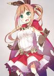  :d aqua_eyes black_gloves black_legwear blush brown_hair cape clarisse_(granblue_fantasy) commentary_request gloves granblue_fantasy hair_ribbon long_hair looking_at_viewer open_mouth ponytail ribbed_sweater ribbon skirt smile solo sweater taiyaki_(astre) thighhighs 
