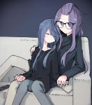  2girls age_difference blue_hair blush commentary_request controller couch denim eyebrows_visible_through_hair eyes_closed glasses hand_on_another&#039;s_shoulder interlocked_fingers jeans kagamihara_sakura leaning_on_person long_hair long_sleeves multiple_girls pants purple_hair remote_control shima_rin shiroshi_(denpa_eshidan) sitting sleeping sleeping_on_person sleeping_upright sweater yuri yurucamp 