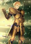  armor blonde_hair fate/grand_order fate/stay_night fate_(series) gate_of_babylon gauntlets gilgamesh hair_slicked_back hand_on_hip highres looking_at_viewer male_focus official_art red_eyes resized shoulder_armor solo spaulders takeuchi_takashi upscaled waifu2x weapon 