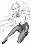  breasts centorea_shianus greyscale huge_breasts humanization long_hair miniskirt monochrome monster_musume_no_iru_nichijou panties panties_under_pantyhose pantyhose ponytail simple_background sketch skirt solo sword ueyama_michirou underwear very_long_hair weapon white_background 