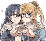  ayase_eli bespectacled blonde_hair blue_eyes blue_hair clipe glasses heart long_hair looking_at_viewer love_live! love_live!_school_idol_project multiple_girls ponytail scarf shared_scarf simple_background smile sonoda_umi white_background yuri 