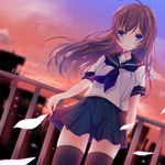  ahoge blue_eyes blue_skirt brown_hair cityscape evening handrail highres light_rays looking_at_viewer lovefumiki original pleated_skirt school_uniform serafuku shirt skirt smile solo thighhighs white_shirt zettai_ryouiki 