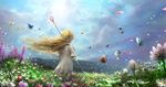 1girl blonde_hair bug butterfly cloud day dress facing_away fantasy field flower from_behind highres hill insect light_particles long_hair nature original petals pointy_ears scenery sky solo sparkle staff upper_body white_dress wind 