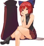  bandages bare_shoulders blush boots cape cape_removed commentary_request crossed_legs hair_ornament hair_ribbon hasebe_yuusaku looking_at_viewer miniskirt red_eyes red_hair red_skirt revision ribbon sekibanki shirt short_hair simple_background sitting skirt sleeveless solo touhou white_background 