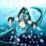  breasts bubble detached_sleeves green_hair hair_between_eyes hatsune_miku long_hair looking_at_viewer medium_breasts mikage_hinata necktie shinkai_shoujo_(vocaloid) solo twintails underwater upside-down vocaloid 