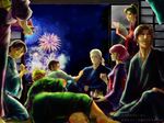  cima_garahau fan fireworks green_hair gundam gundam_0083 haman_karn japanese_clothes karius_otto kelly_layzner kimono kou_uraki latuera_chapra mion multiple_boys multiple_girls pink_hair watermelon white_hair 