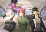  abs black_hair bow braid braiding_hair car car_interior chain earrings gakuran green_eyes grey_hair ground_vehicle hair_bow hairdressing hat jean_pierre_polnareff jewelry jojo_no_kimyou_na_bouken kakyouin_noriaki kisaragi_seika kuujou_joutarou male_focus motor_vehicle multiple_boys multiple_braids no_eyebrows purple_eyes red_hair school_uniform sleeping smile stand_(jojo) star_platinum sweatdrop wristband 